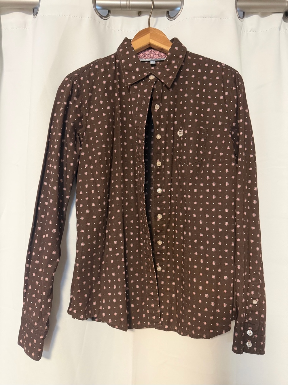 Cinch Brown Button-Down Shirt with Pink Star Print